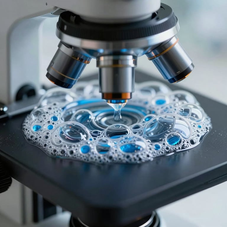 Abstract shot of blue-toned skincare bubbles through a microscope lens, conveying scientific depth and barrier science.