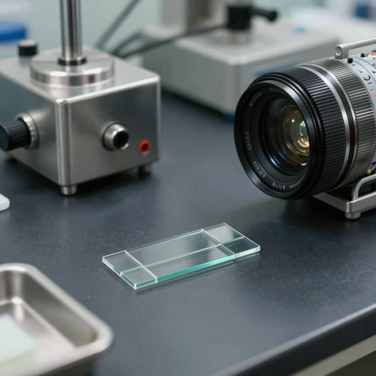 A clinical setup with stainless steel lab equipment and glass slides on a deep charcoal surface, sharp focus and professional lighting.