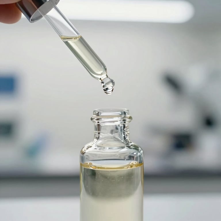Minimalist close-up of a clear glass dropper bottle containing a transparent serum, reflecting soft off-white lighting in a clinical North American / US lab.