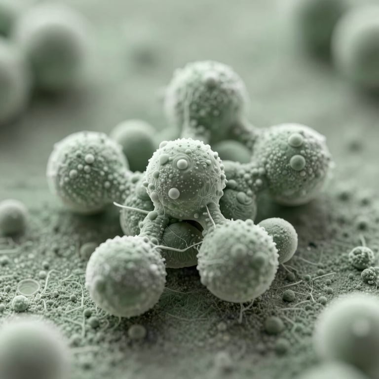 Microscopic view of active ingredient crystallization in soft muted sage tones, highlighting molecular complexity and precision.
