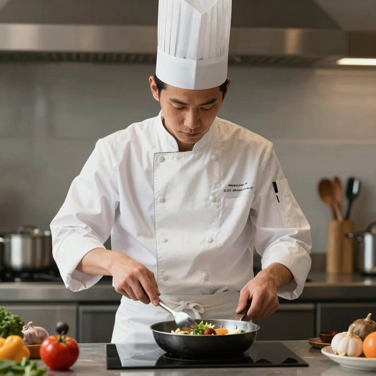 An elegant private chef plating a fresh seafood dish on a beachside table