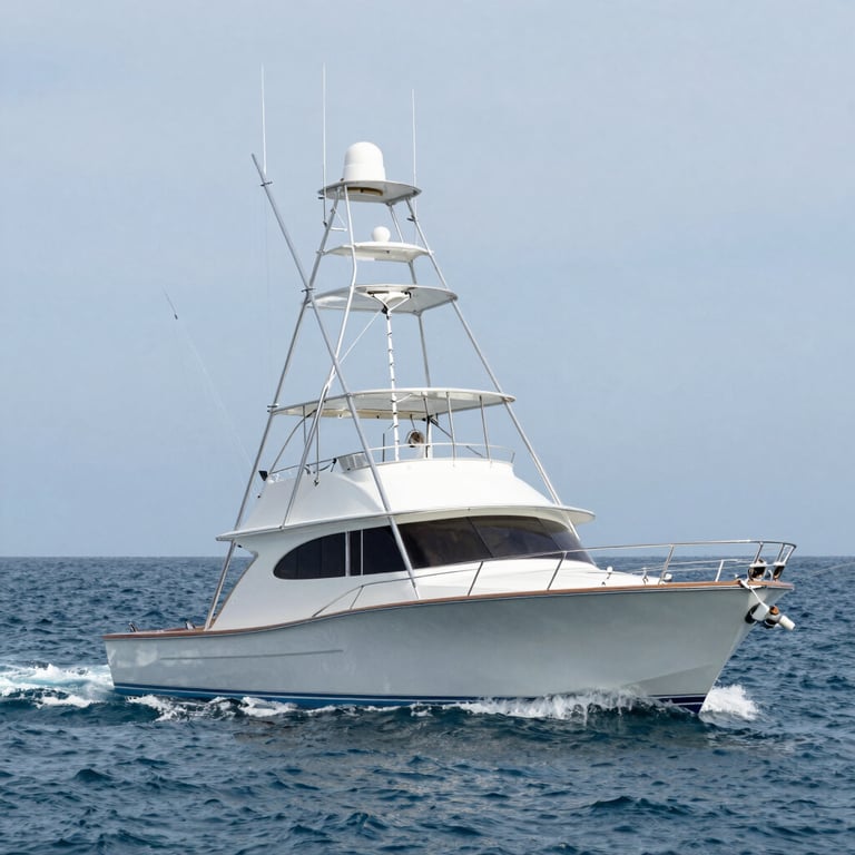 A fishing boat cutting through calm blue waters under a golden sky
