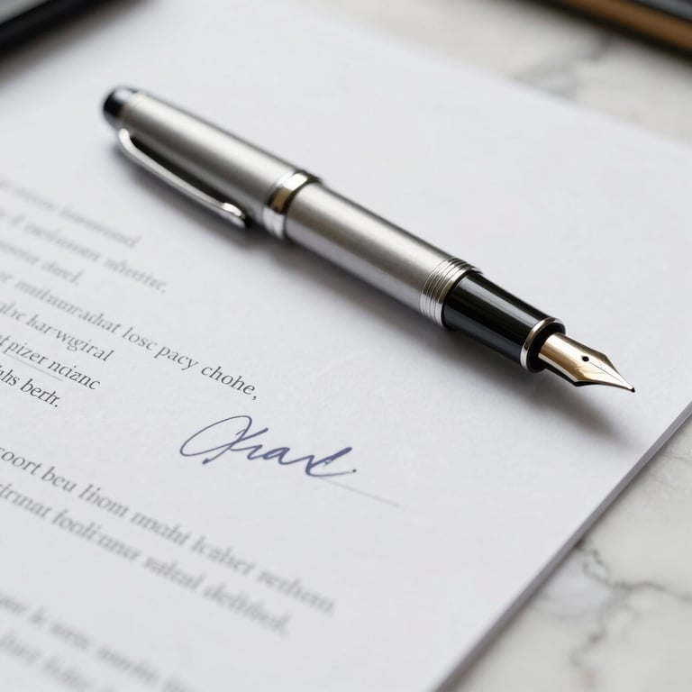 Close-up of a silver fountain pen and a signed legal document on a white marble desk surface.