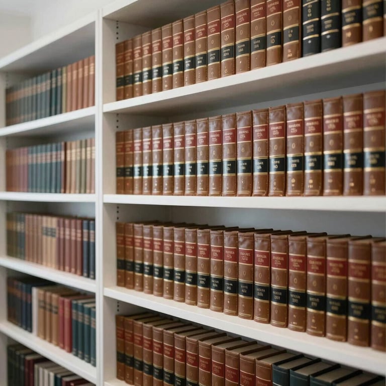 A clean, modern law library with minimalist white shelves and organized leather-bound legal books.
