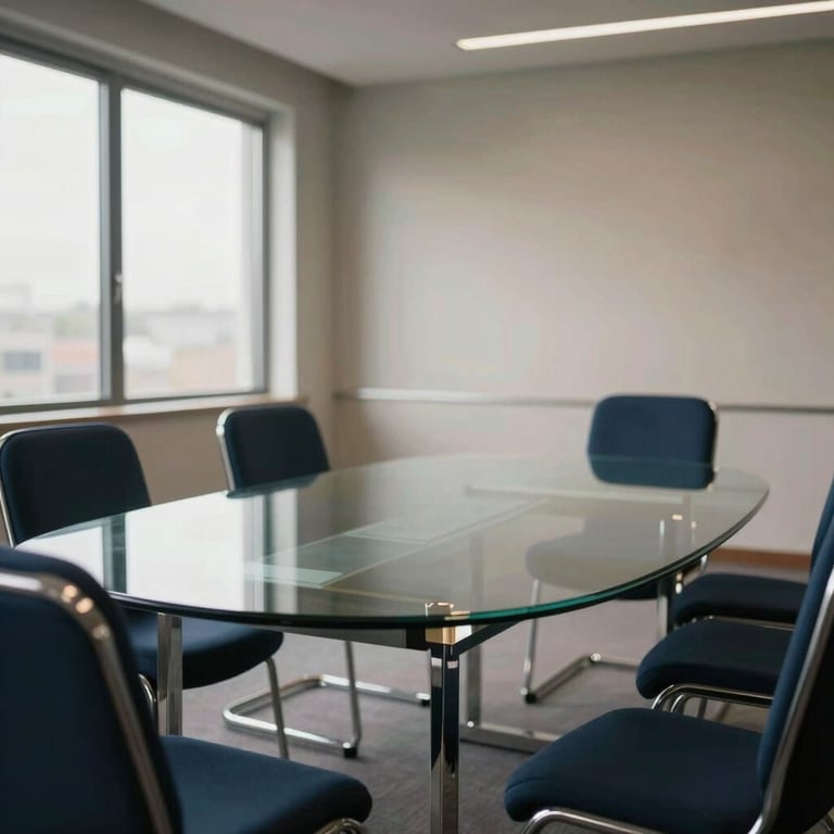 High-end meeting room with a glass table and navy blue chairs, soft natural light through large windows.