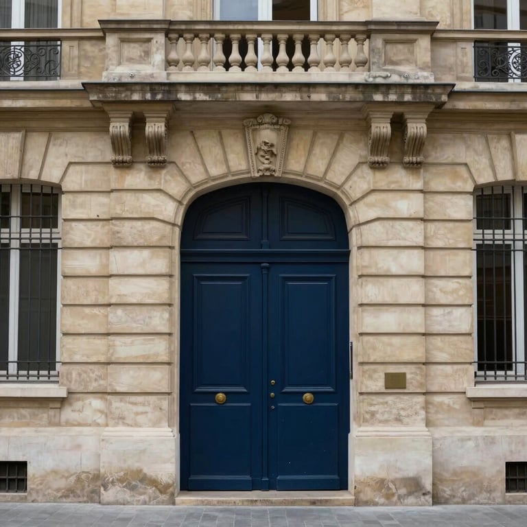 Facade of a classic French law firm building in Paris with limestone walls and a deep navy blue door.