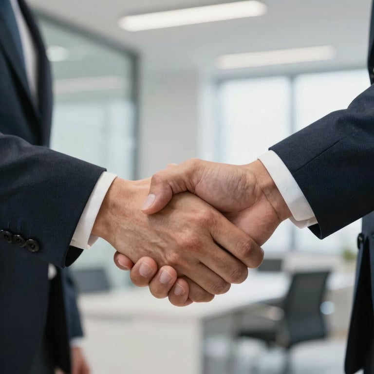 Close-up of a professional handshake between two people in business attire in a bright, modern Parisian office.