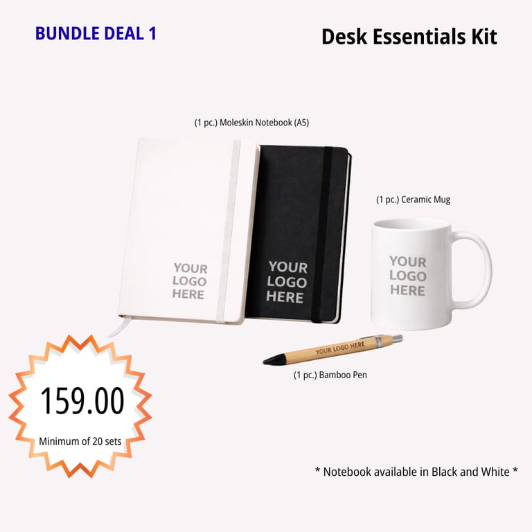 Personalized desk essential kit with notebook, bamboo pen, and custom mug for corporate bundle deals