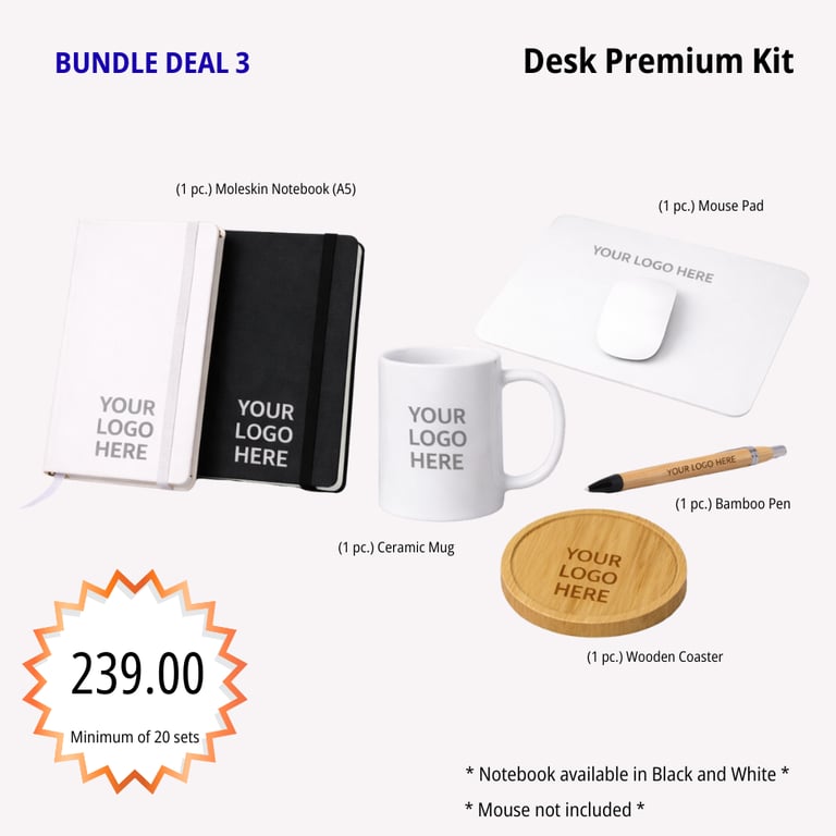Desk Premium Kit corporate bundle with notebook, bamboo pen, mug, mouse pad, and wooden coaster pers