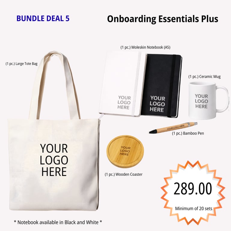 Onboarding Essentials Plus bundle with notebook, bamboo pen, tote bag, mug, and wooden coaster for c