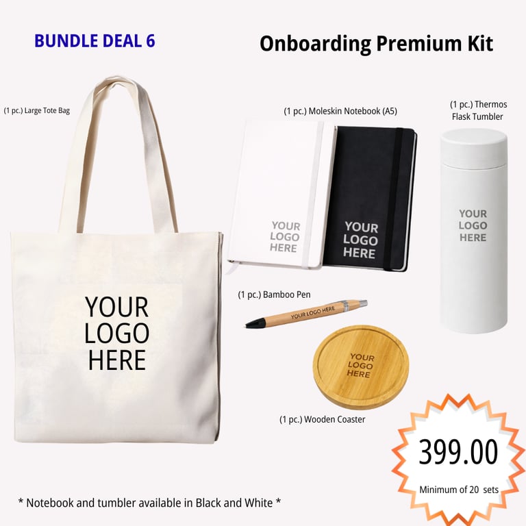 Premium onboarding kit with notebook, bamboo pen, tote bag, mug, and thermos tumbler personalized fo