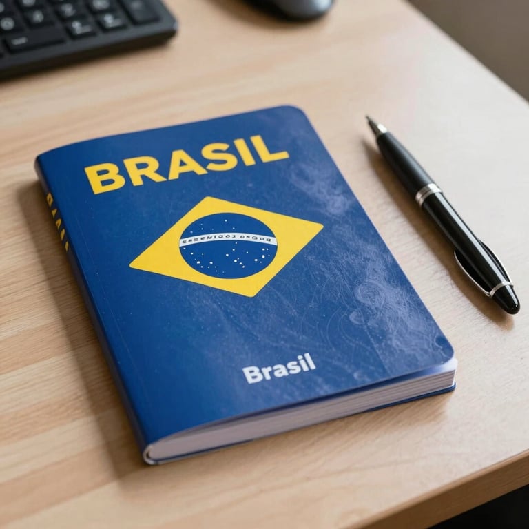 A neatly organized desk with a Brazilian driver's manual and a pen, steel blue color palette.