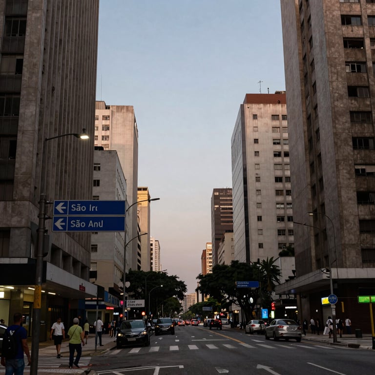 An urban street in São Paulo with modern buildings and clear directional signage, evening lighting.