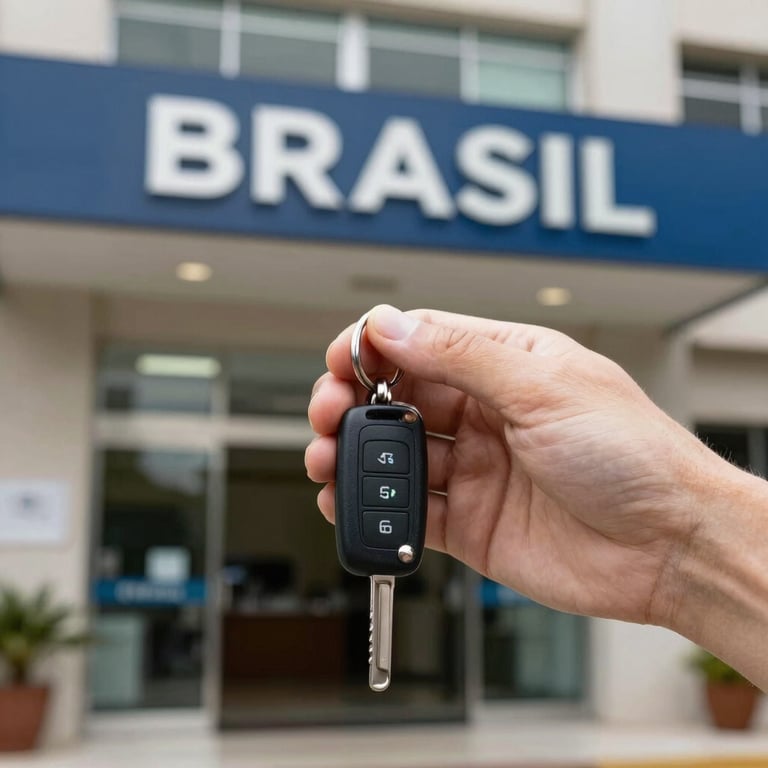A hand holding car keys with a blurred background of a professional building entrance in Brazil.