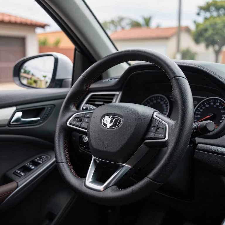 A steering wheel of a modern car parked in a bright South American residential area, daylight.