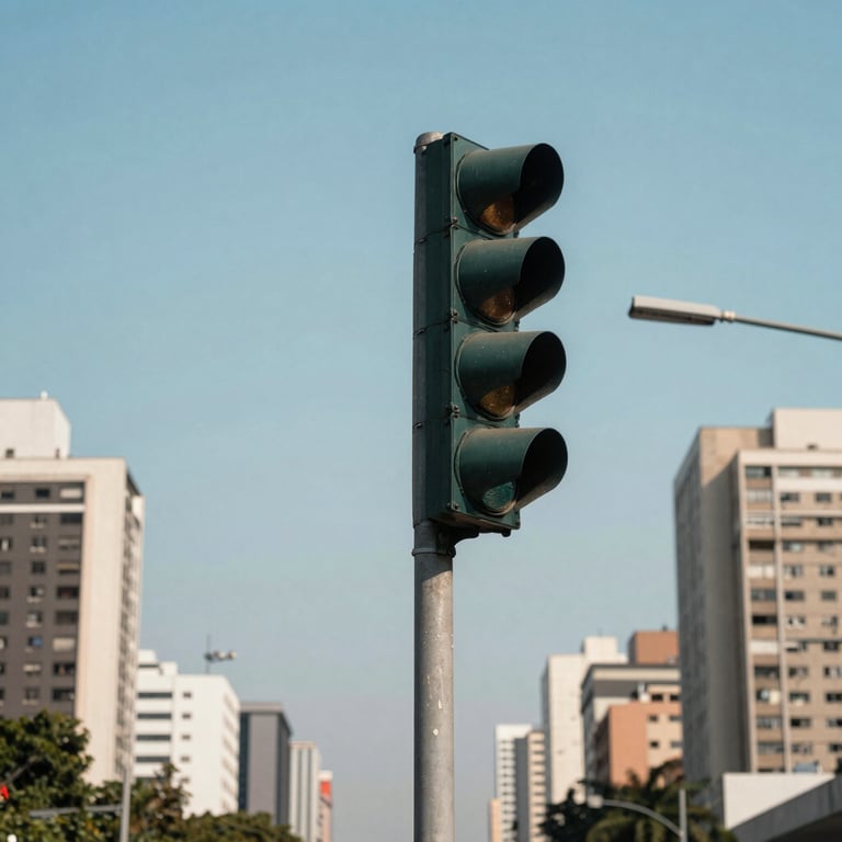 Traffic lights in a major Brazilian city against a clear light blue sky, professional architectural style.