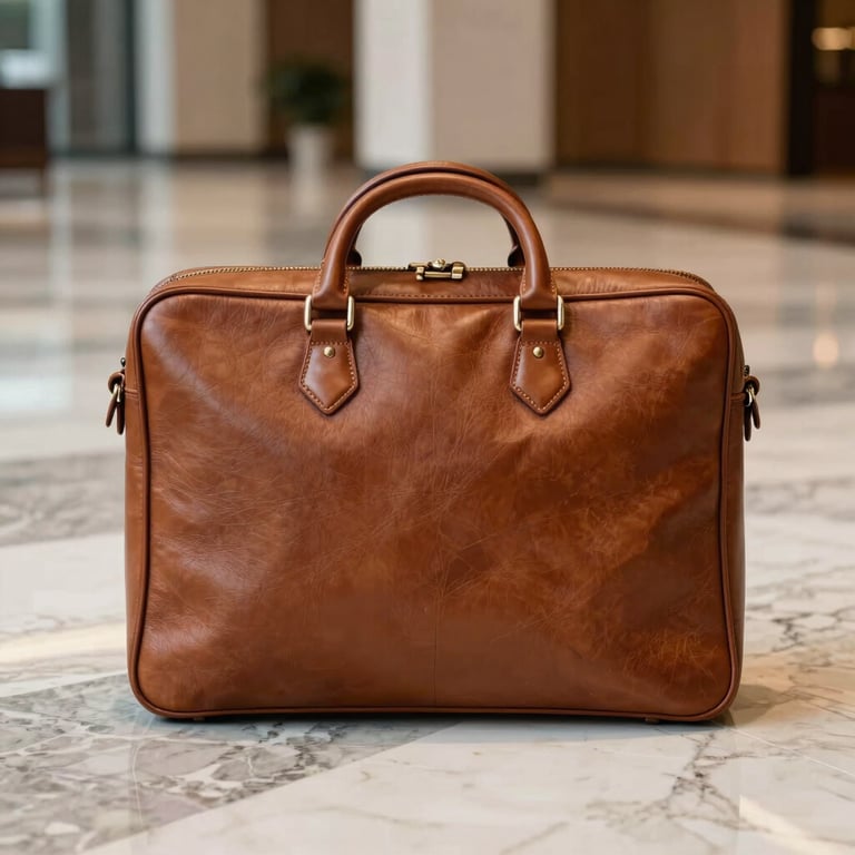 A detail shot of a rich tobacco-colored leather briefcase resting on a marble floor in a modern corporate lobby.