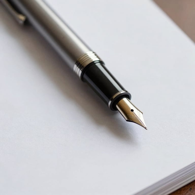 A close-up shot of a fountain pen resting on a crisp parchment document in a North American / European executive office, soft natural light.