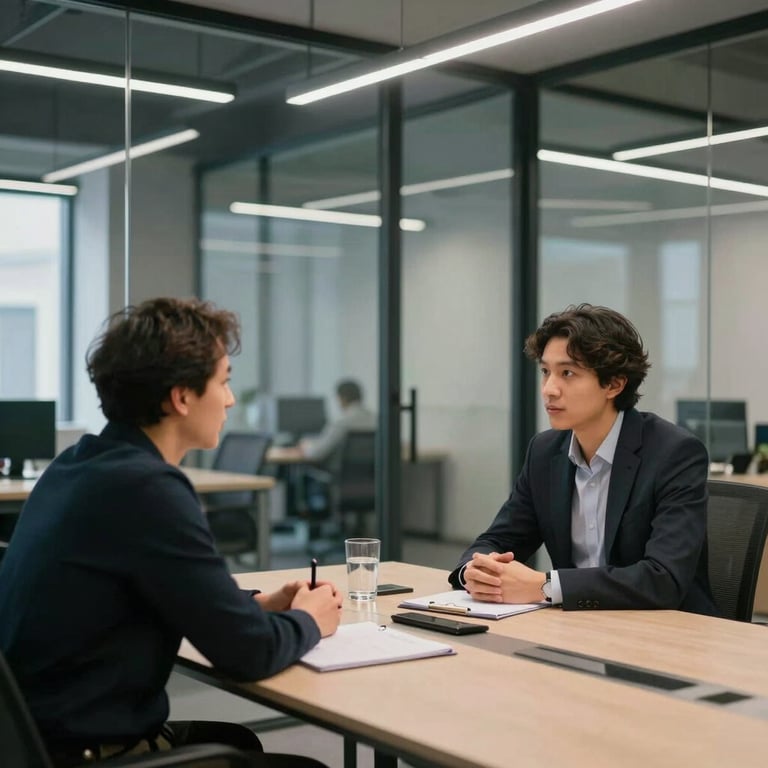 Two professionals in a collaborative session in a Scandinavian-style glass-walled meeting room in a North American / European tech hub.