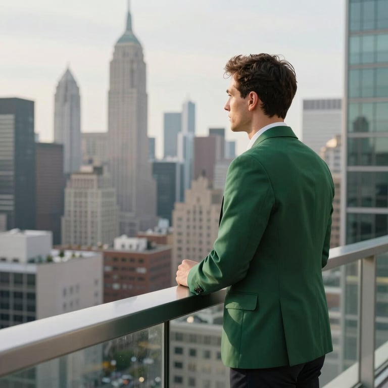 A professional in a forest green blazer looking out over a North American / European city skyline from a high-rise office building balcony.