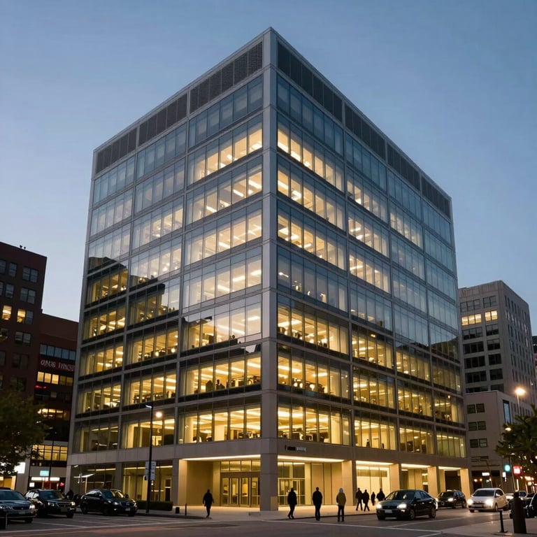 The exterior of a world-class architectural office building at twilight with glowing interior lights, North American / European metropolitan area.