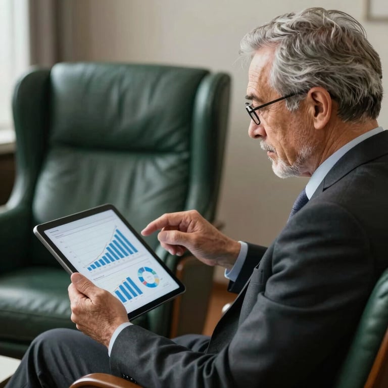 A senior manager reviewing financial charts on a tablet while sitting in a dark green leather chair, North American / European setting.