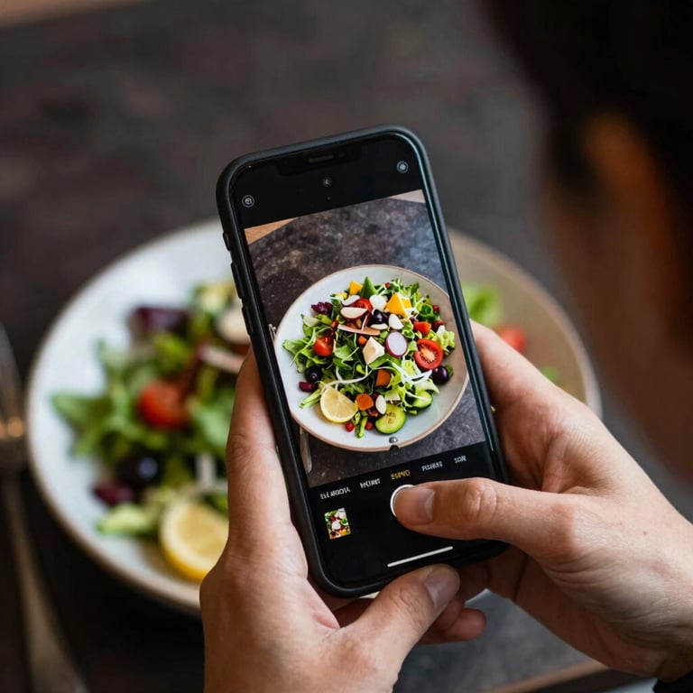 An overhead shot of a social media manager framing a photo of a fresh salad with a smartphone, North American / US context.