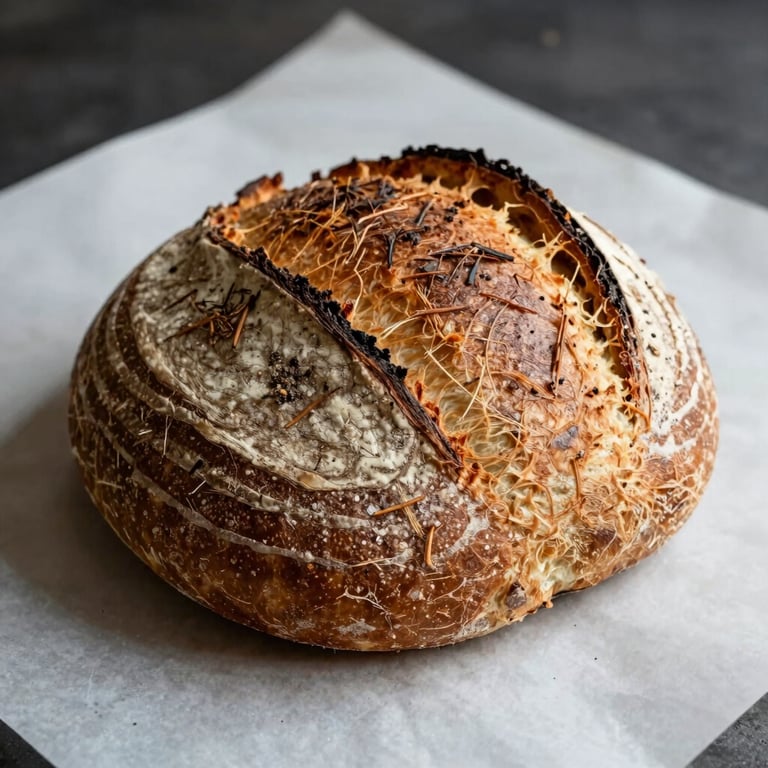 A close-up shot of a rustic sourdough loaf on a crisp parchment surface, North American / US restaurant setting.