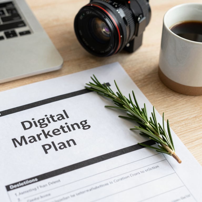 A workspace with a digital marketing plan, a sprig of rosemary, and a ceramic mug on a light wood desk.