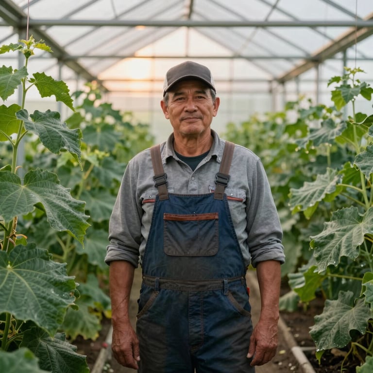 A portrait of a local North American farmer standing in a greenhouse with vibrant green leaves, soft sunset lighting.