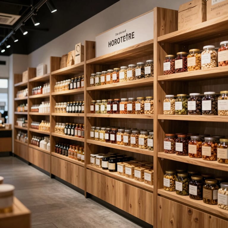 Sophisticated interior of a modern artisanal food market with clean lines and warm wooden shelving, North American / US.