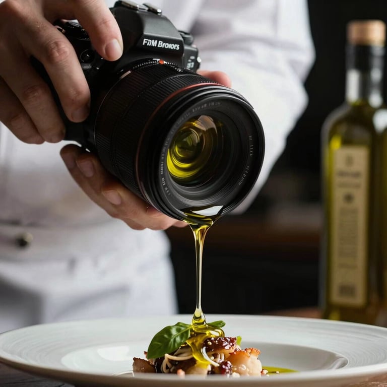 Close-up of a camera lens focusing on a chef drizzling olive oil over a dish, high-contrast lighting.