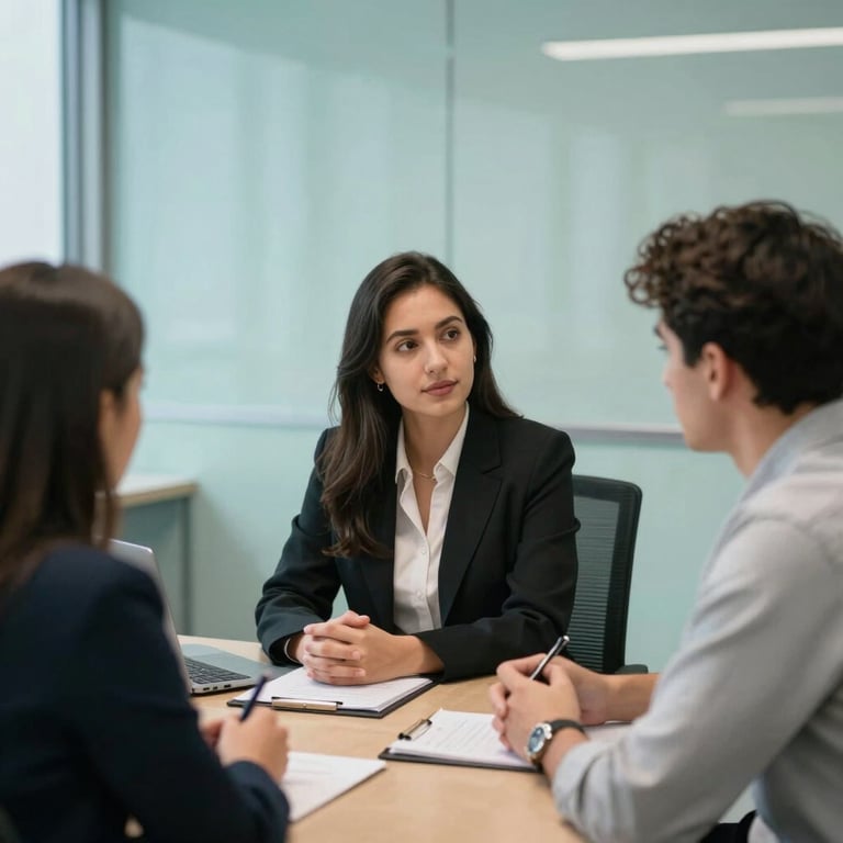 A strategy meeting between a lawyer and a young couple in a modern office with light turquoise walls, Global / Hispanohablante con enfoque en EE. UU.
