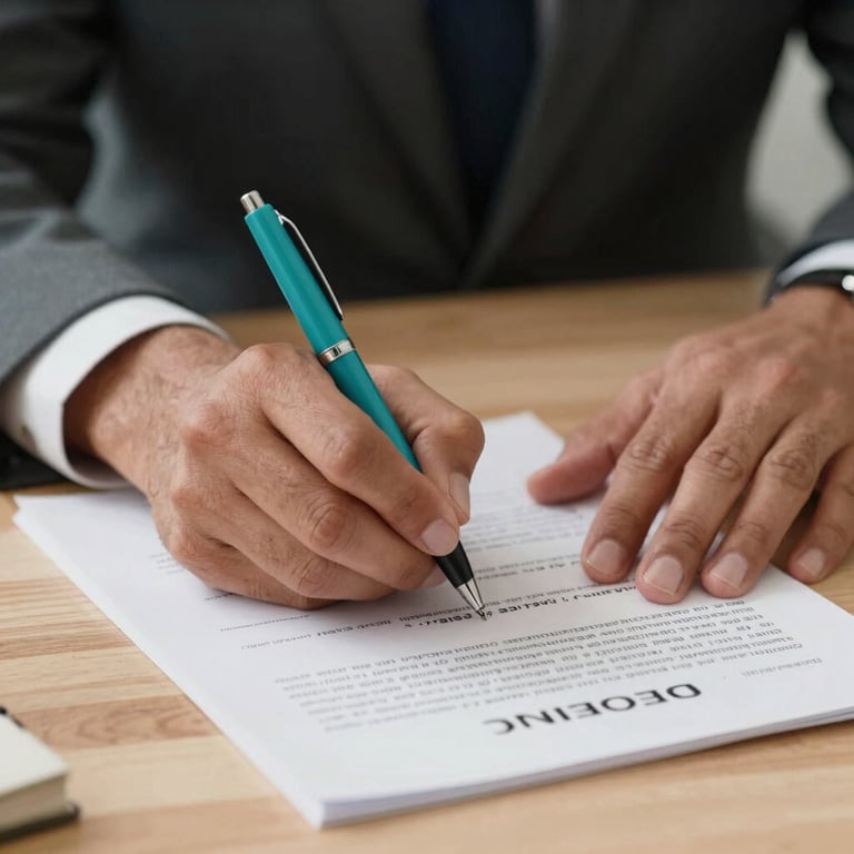 Hands signing a legal contract on a light wood table with a turquoise pen, professional close-up, Global / Hispanohablante con enfoque en EE. UU.