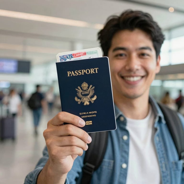 A person joyfully holding a passport with a US visa stamp at a bright airport terminal, Global / Hispanohablante con enfoque en EE. UU.