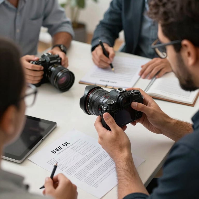 A creative team at Elite Visa Solutions planning digital content around a camera and legal documents, Global / Hispanohablante con enfoque en EE. UU.