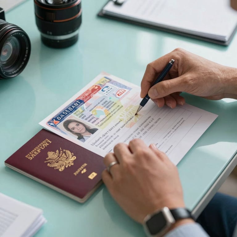 Close-up of a consultant's hands organizing visa forms and a passport on a turquoise-colored workspace, Global / Hispanohablante con enfoque en EE. UU.
