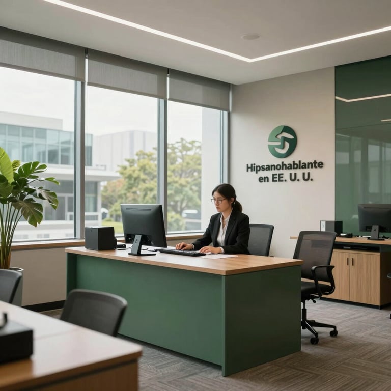 Modern law office interior with large windows, featuring forest green and beige decor, professional atmosphere, Global / Hispanohablante con enfoque en EE. UU.