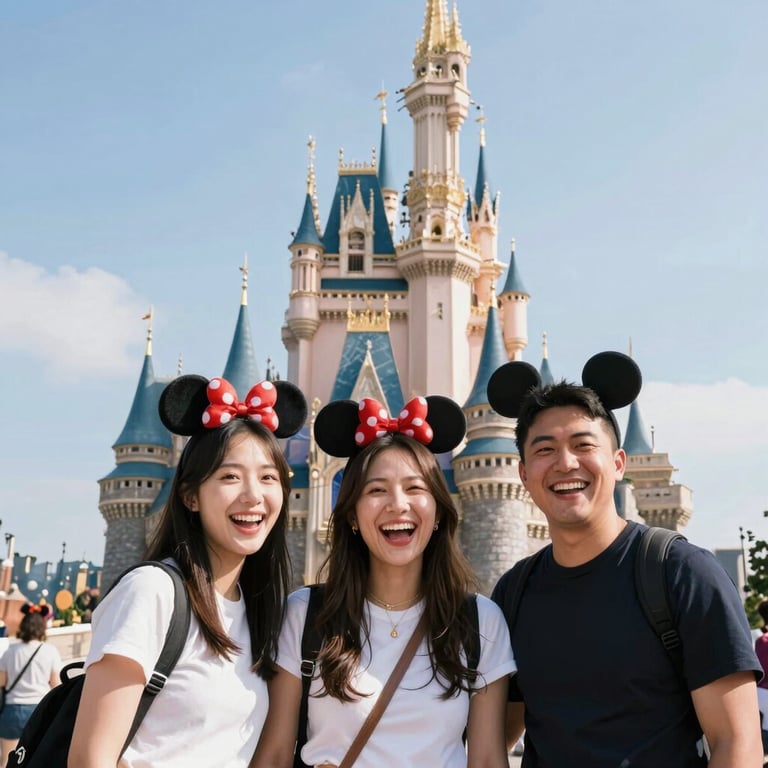 Cheerful tourists wearing mouse ears laughing in front of the Cinderella Castle at Walt Disney World, sunny day, Global / Hispanohablante con enfoque en EE. UU.