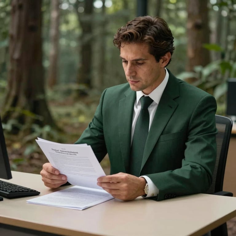 A professional immigration lawyer in a dark forest green suit reviewing files at a clean, beige desk, Global / Hispanohablante con enfoque en EE. UU.
