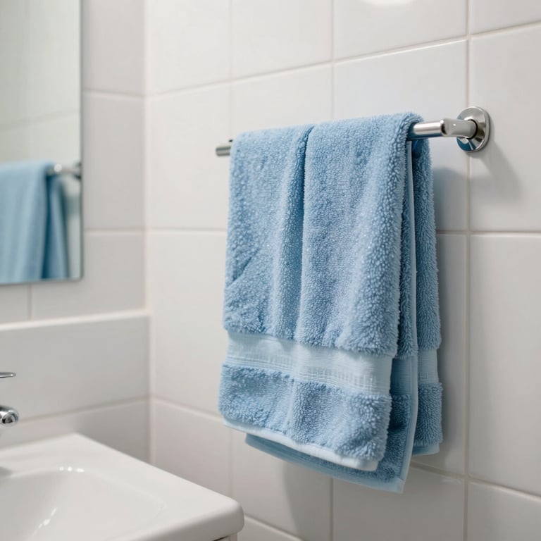 A sparkling clean North American bathroom with white tiling and light blue towels, bright airy lighting.