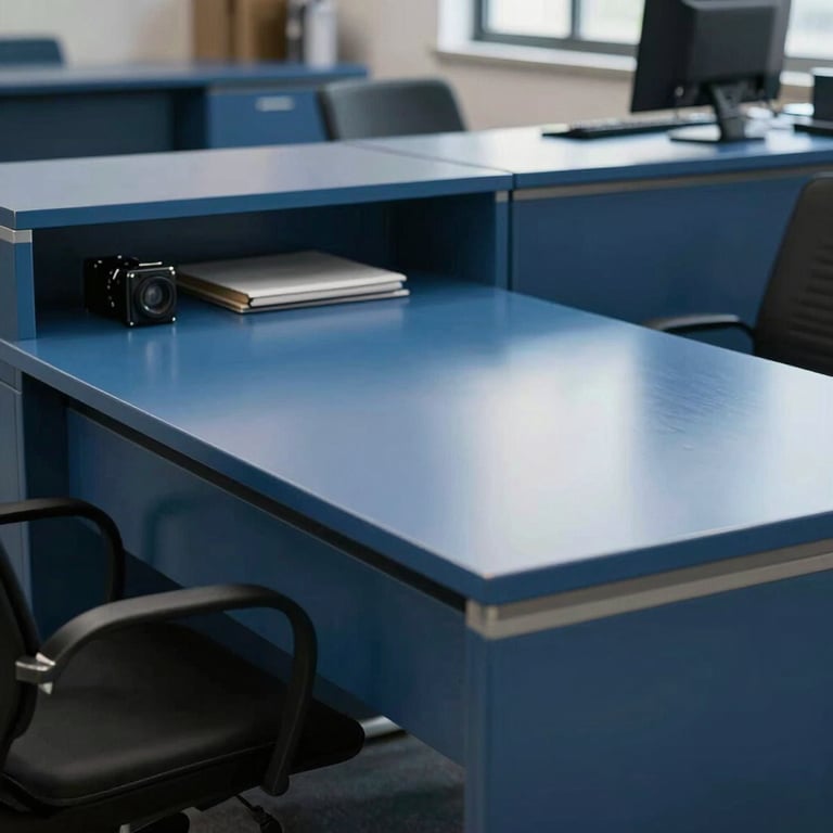 A dust-free, organized office desk in a commercial building with a glossy steel blue finish.