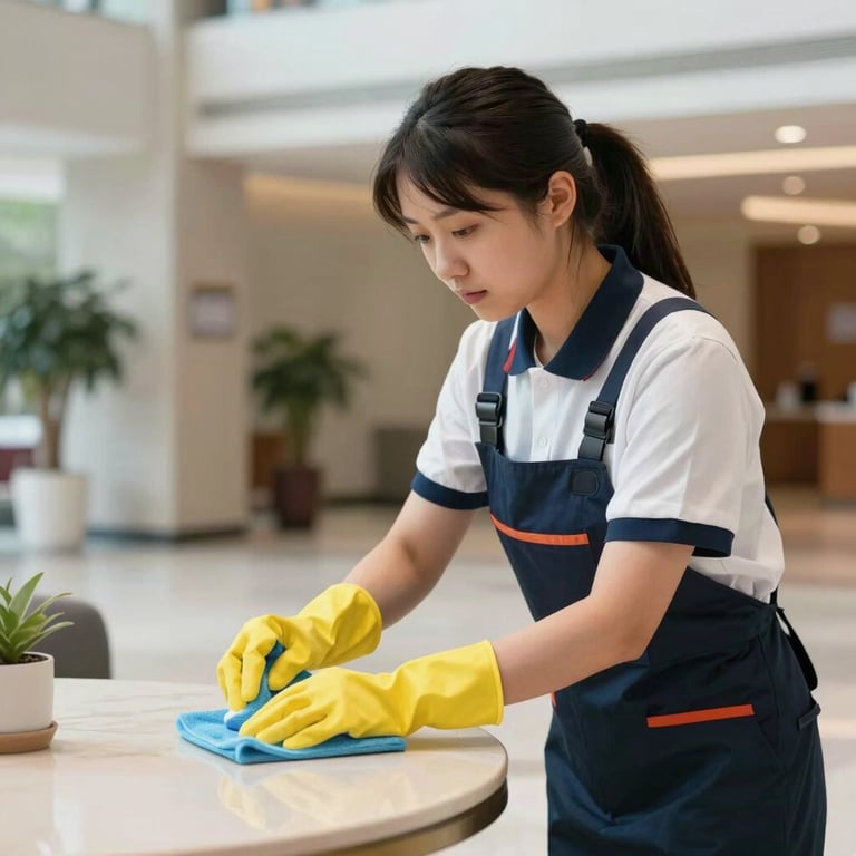 A professional cleaner in a neat uniform focusing on sanitizing high-touch surfaces in a lobby.