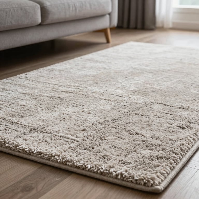 Close-up of a vacuumed plush carpet in a modern living room, showing perfect cleaning lines.
