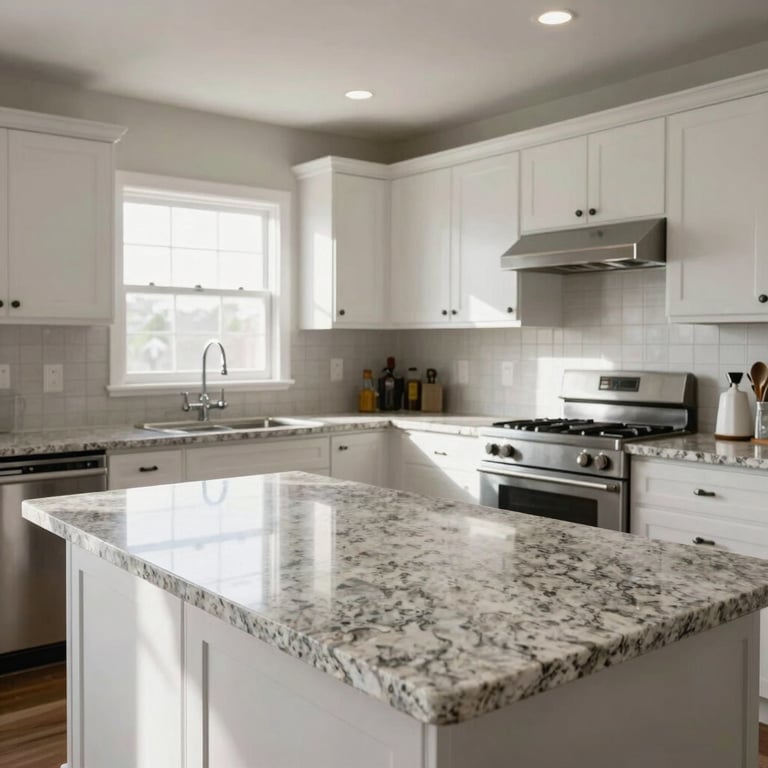 A wide shot of a sun-drenched, spotless North American kitchen with light grey granite countertops.
