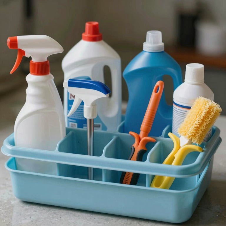 A selection of professional cleaning tools and supplies neatly arranged in a light blue caddy.