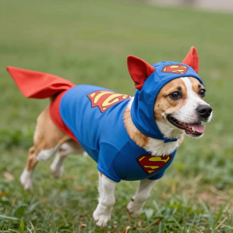 Perrito con un disfraz azul de superhéroe, Superman, con capa roja, corriendo sobre hierba verde.