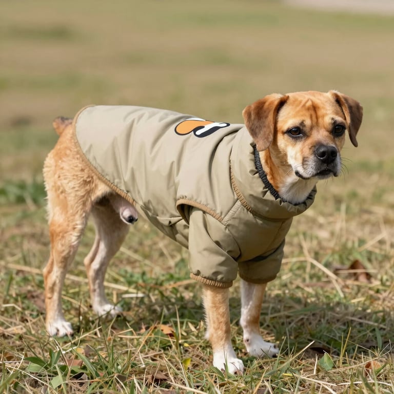 Perrito pequeño color marrón claro, con abrigo impermeable caqui.
