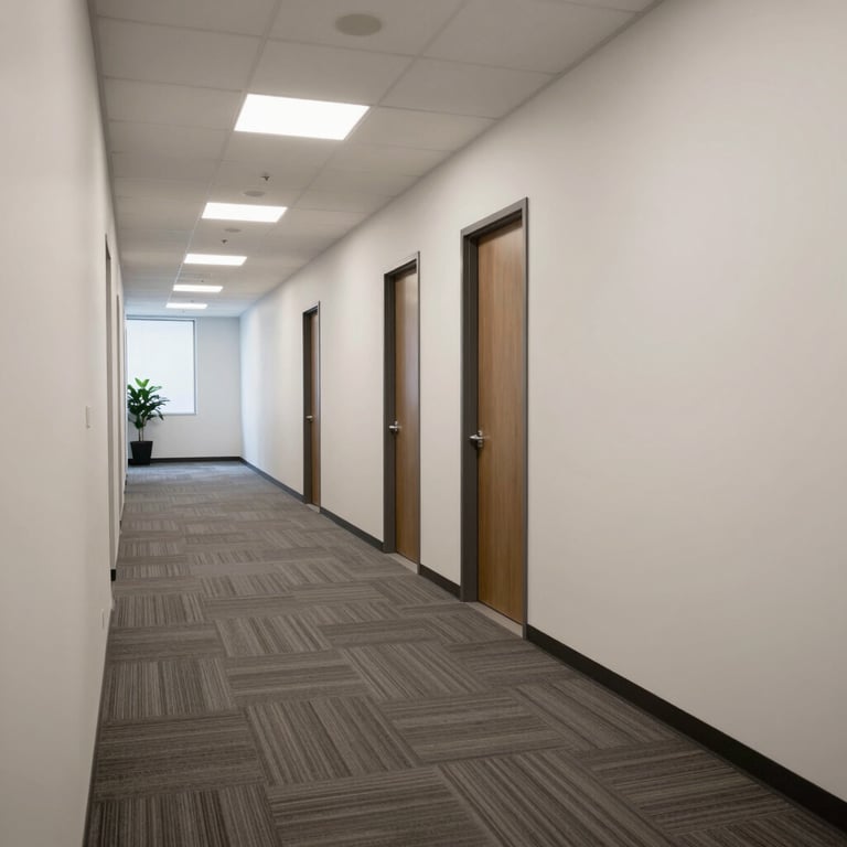 A professional hallway in a large North American company, featuring clean lines, organized layout, and off-white walls.