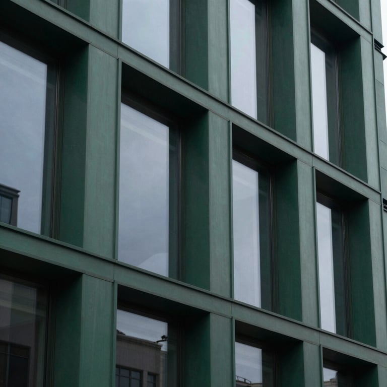 Architectural detail of a modern building facade with dark green panels and glass, reflecting a professional and reliable image.